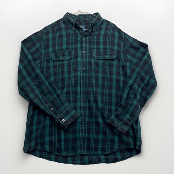 Faded Glory Green / Blue Plaid Flannel Long Sleeve Button Up Mens L Outdoor - Picture 1 of 14